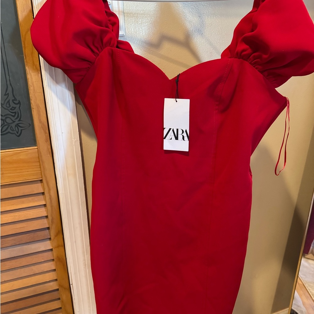 Zara Red Sheath Dress with Puff Sleeves and Sweetheart Neckline for Cocktail